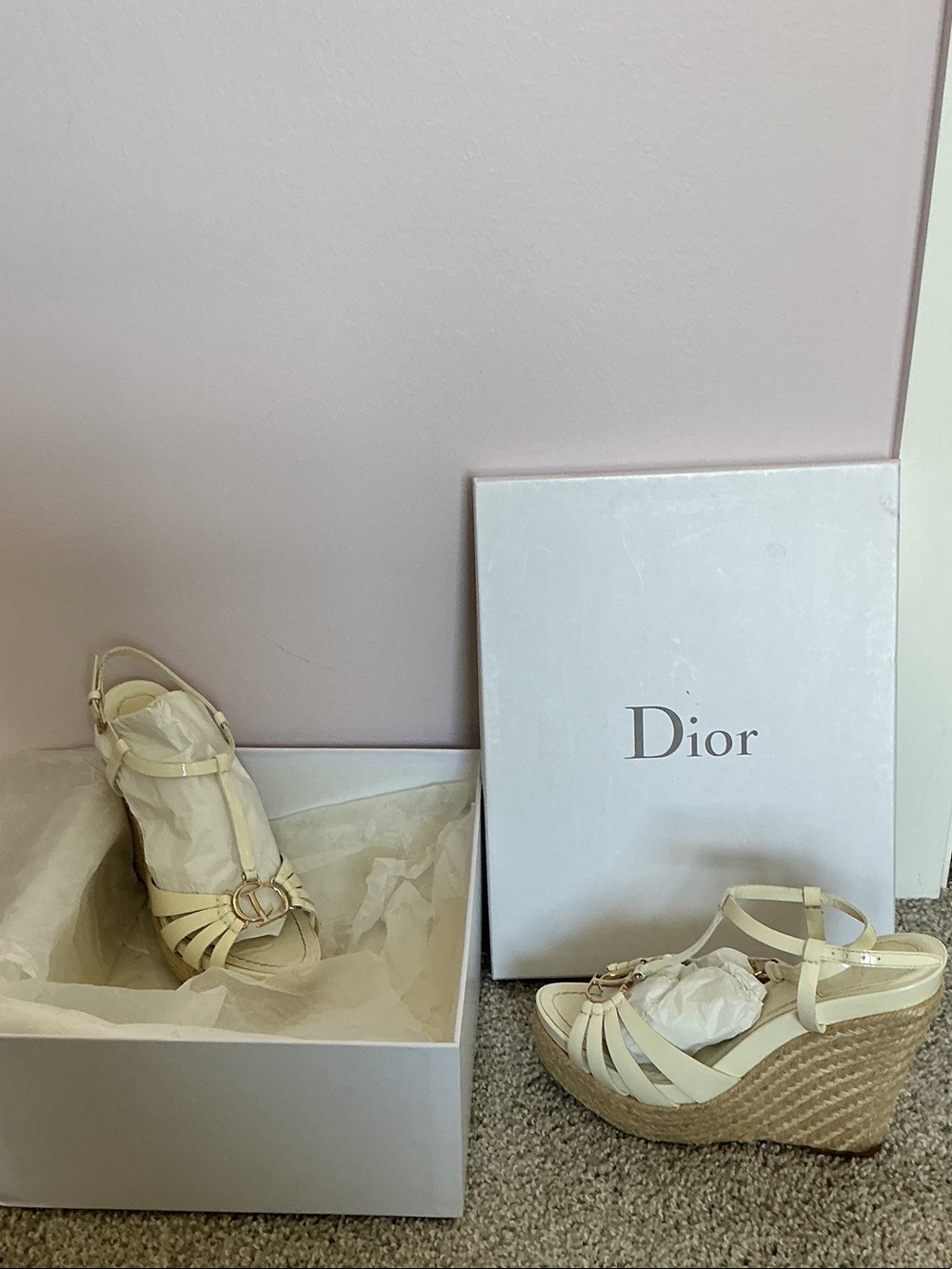 Dior Cream Wedge Espadrille Sandals with Gold Logo